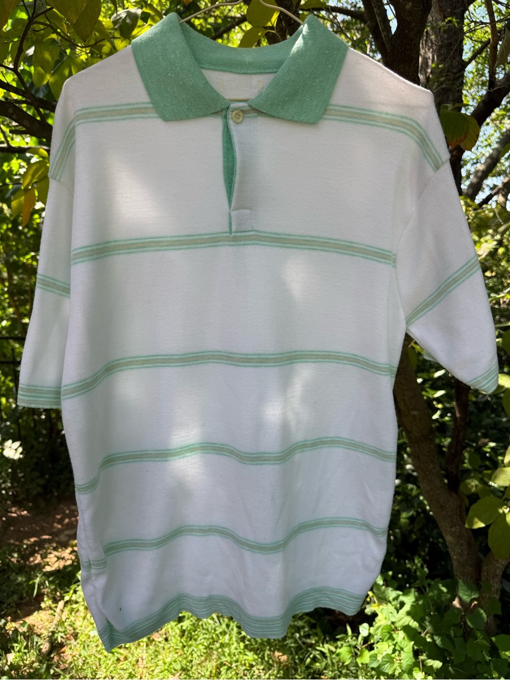Vintage Terrycloth White Polo Shirt with Mint Green Stripes